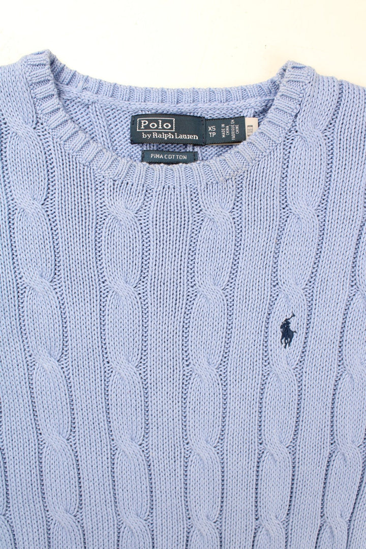 Ralph Lauren Cable Knit Jumper in a blue colourway. Crew neck, with embroidered logo on front.