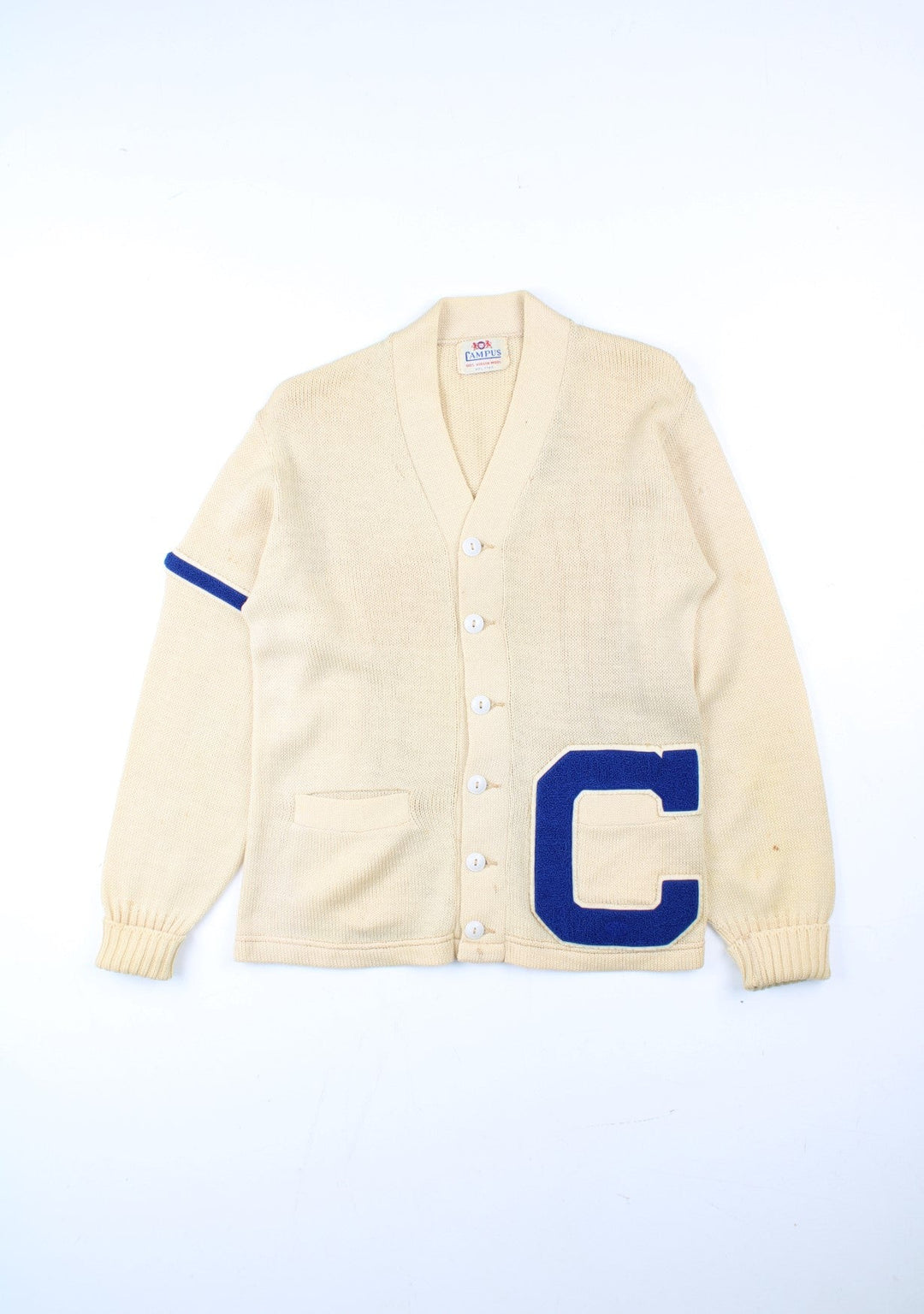 Vintage Letterman Cardigan in a white/blue colourway. V neck, button down fastening with embroidered logo on front.