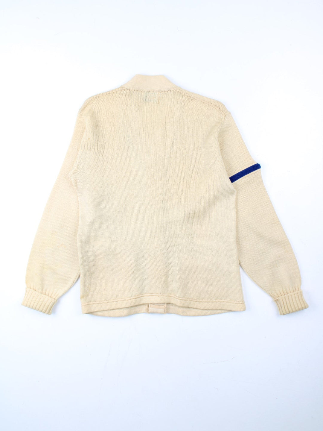 Vintage Letterman Cardigan in a white/blue colourway. V neck, button down fastening with embroidered logo on front.