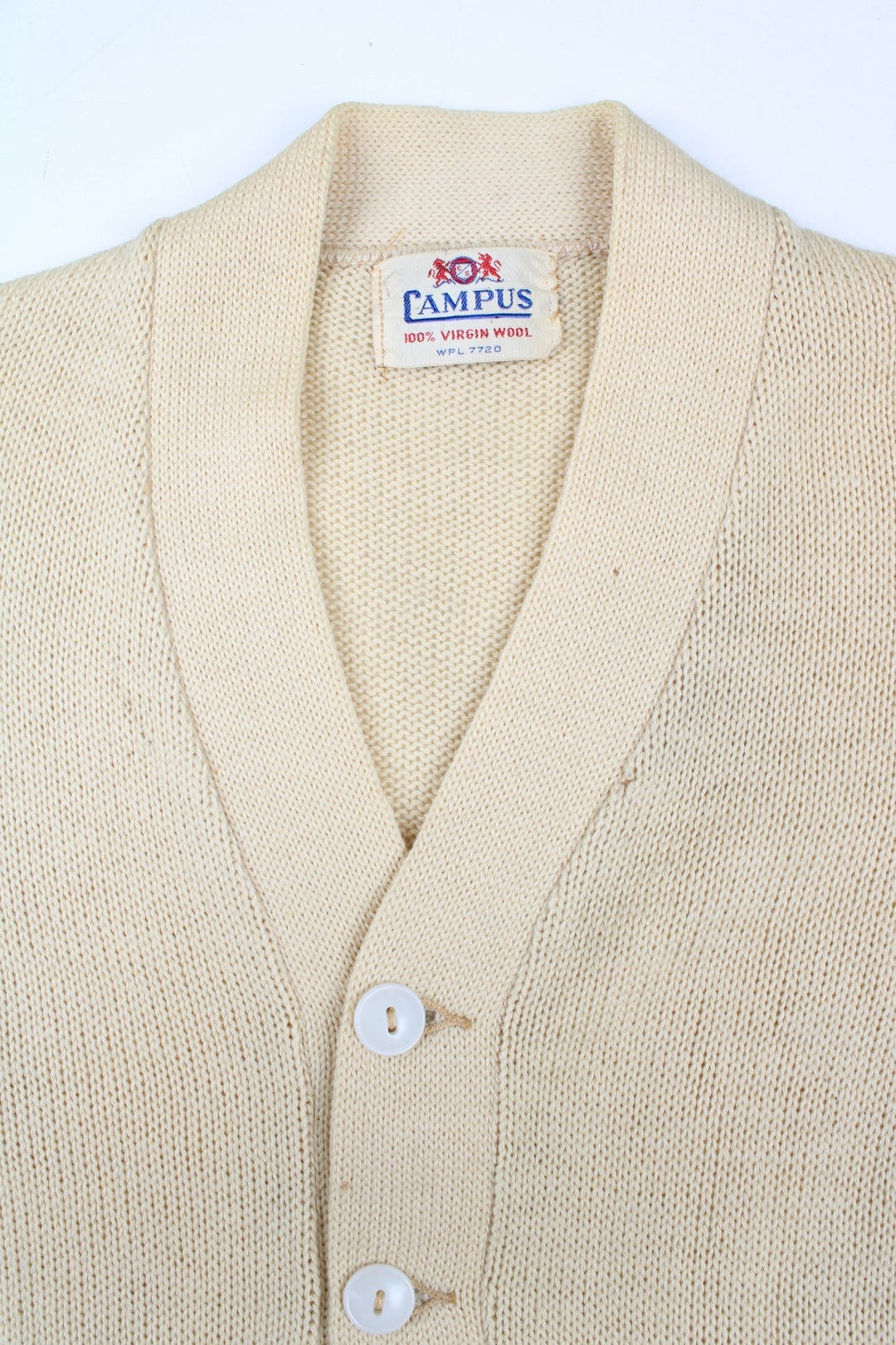 Vintage Letterman Cardigan in a white/blue colourway. V neck, button down fastening with embroidered logo on front.