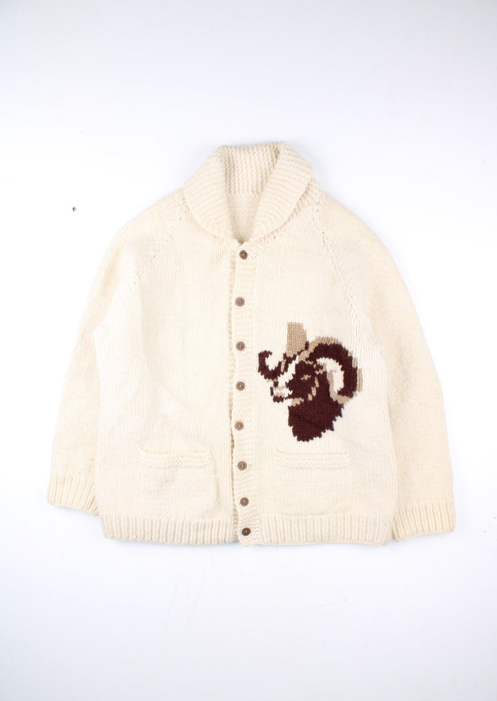 70's Ram Cowichan Cardigan in a white colourway. Button up fastening with front pockets and ram detail on front and back.