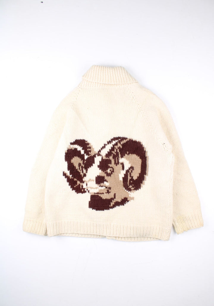 70's Ram Cowichan Cardigan in a white colourway. Button up fastening with front pockets and ram detail on front and back.