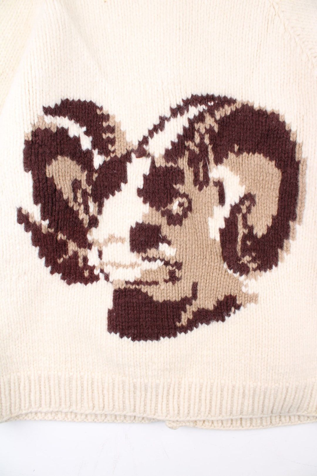 70's Ram Cowichan Cardigan in a white colourway. Button up fastening with front pockets and ram detail on front and back.