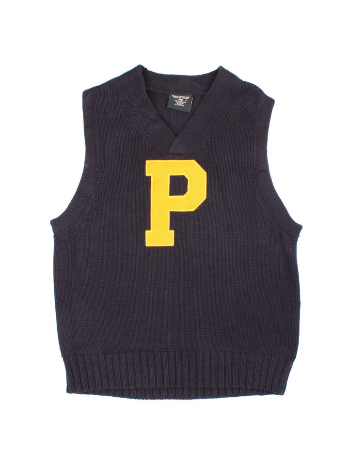 Ralph Lauren Polo Jeans Knitted Vest in a navy blue colourway, v neck collar with embroidered 'P' lettering on the front.