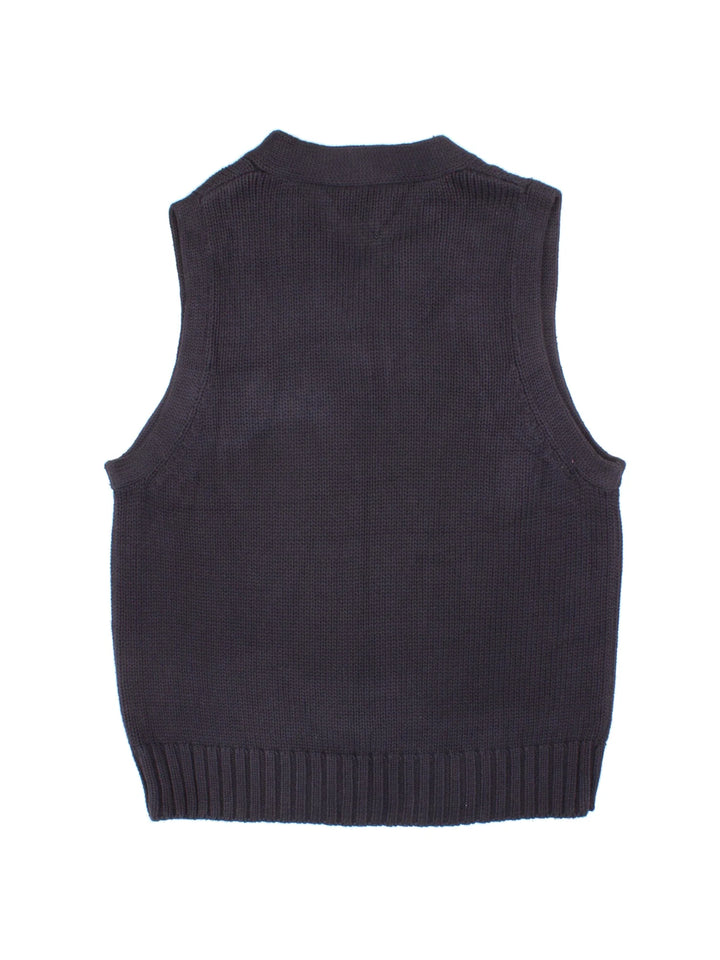 Ralph Lauren Polo Jeans Knitted Vest in a navy blue colourway, v neck collar with embroidered 'P' lettering on the front.
