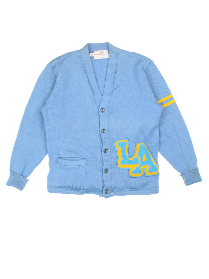 Vintage 1940's LA Letterman Cardigan in a blue colourway, button up closure and has embroidered lettering on the front.