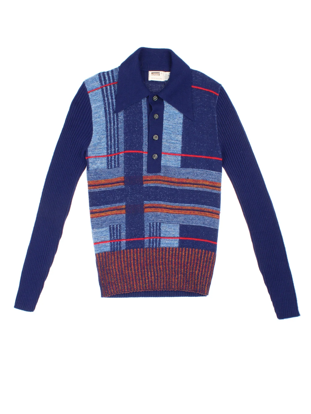 Vintage 1970's Montgomery Ward Colourblock Sweater in a blue colourway, button up with a dagger collar and patterned stripes on the front.