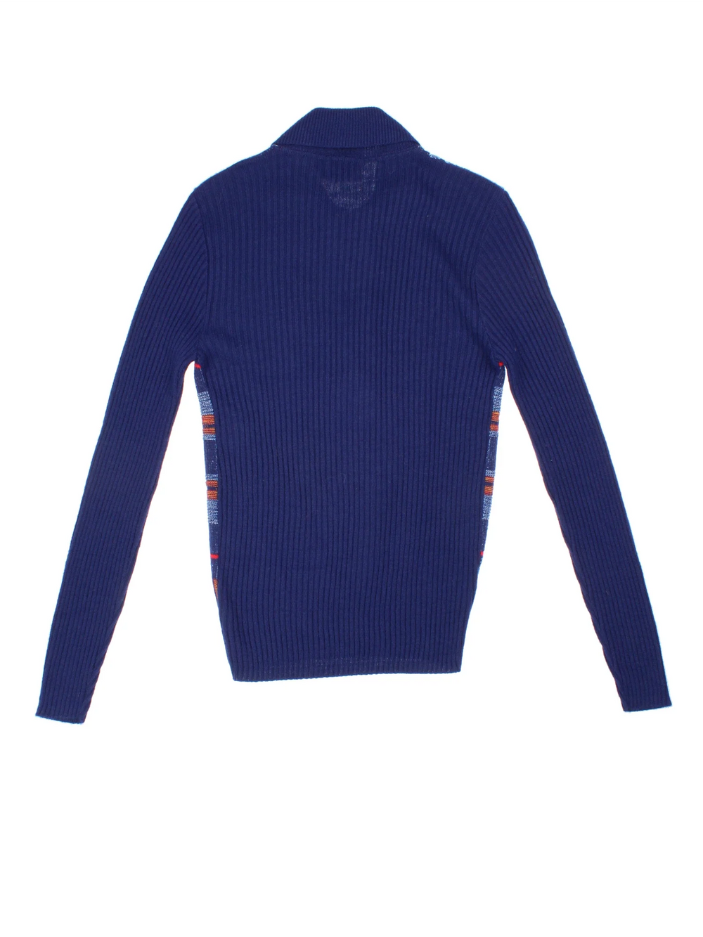 Vintage 1970's Montgomery Ward Colourblock Sweater in a blue colourway, button up with a dagger collar and patterned stripes on the front.