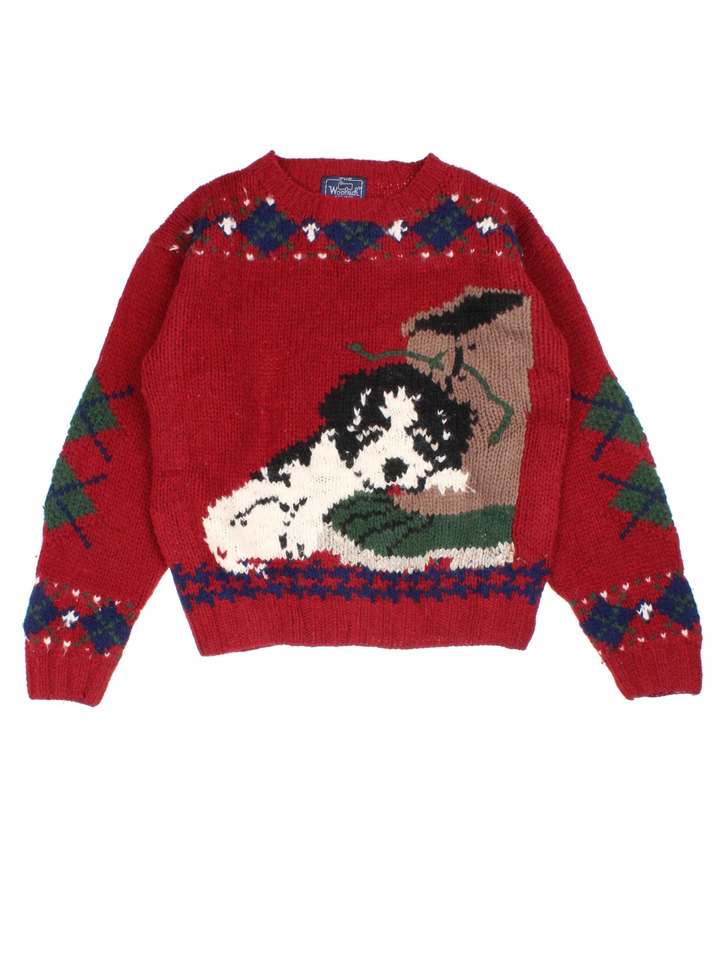 Woolrich Woollen Knitted Dog Jumper in a red colourway with embroidered dogs graphic on the front and back.