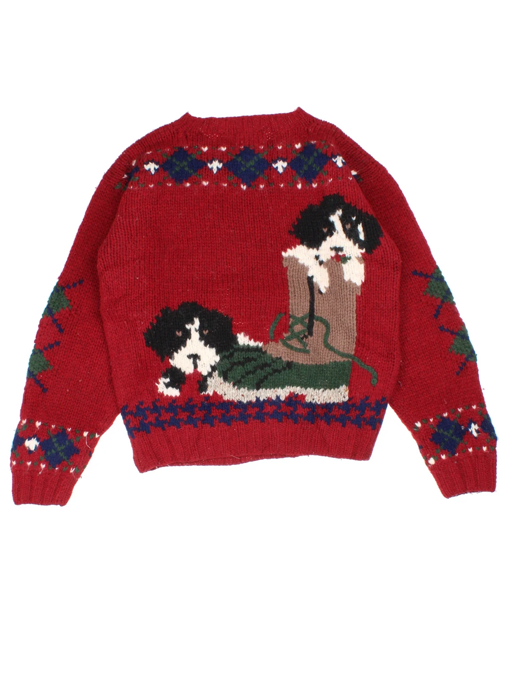 Woolrich Woollen Knitted Dog Jumper in a red colourway with embroidered dogs graphic on the front and back.