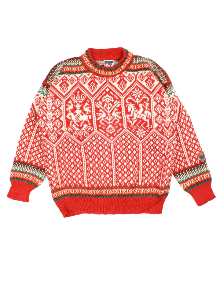 Vintage Dale Of Norway Woollen Knit Jumper in a red colourway with embroidered pattern all over.