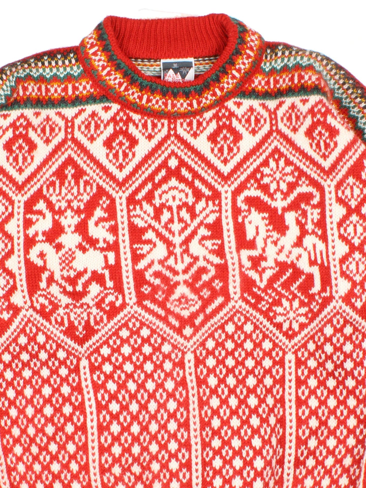 Vintage Dale Of Norway Woollen Knit Jumper in a red colourway with embroidered pattern all over.