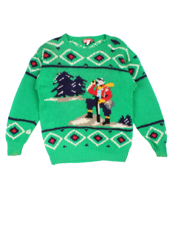 Vintage Woollen Hike Knitted Jumper in a green colourway with embroidered patterns and hikers graphic on the front.