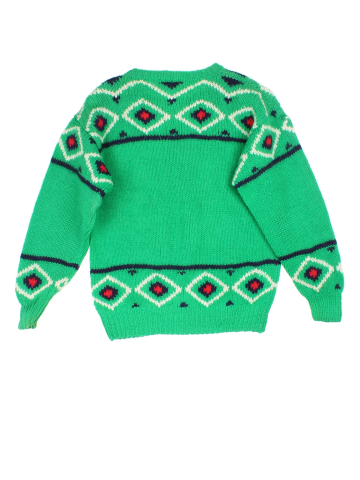Vintage Woollen Hike Knitted Jumper in a green colourway with embroidered patterns and hikers graphic on the front.