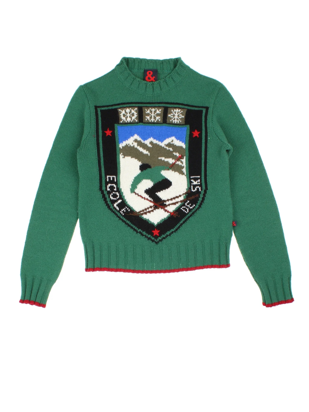 Vintage Dolce & Gabbana Ski Knit Jumper in a green colourway with skiing graphic on the front.