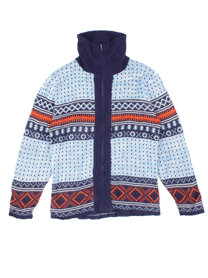 Vintage 70's Patterned Knit Cardigan in a blue colourway with zip up closure, and embroidered patterns all over.