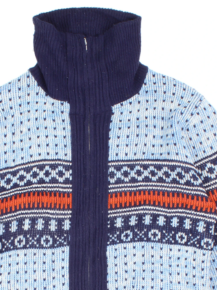 Vintage 70's Patterned Knit Cardigan in a blue colourway with zip up closure, and embroidered patterns all over.