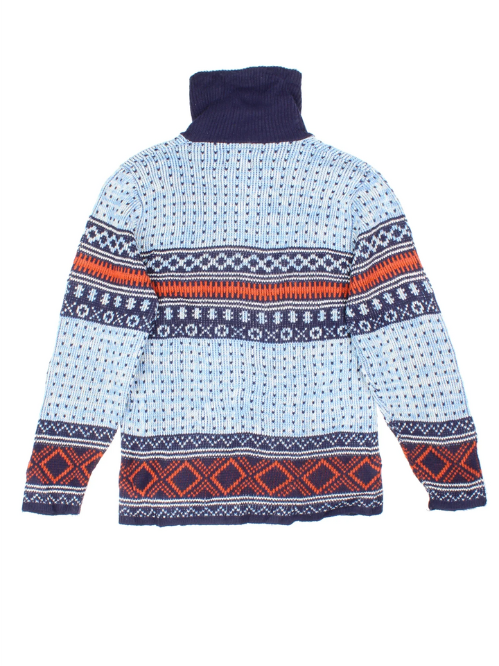 Vintage 70's Patterned Knit Cardigan in a blue colourway with zip up closure, and embroidered patterns all over.