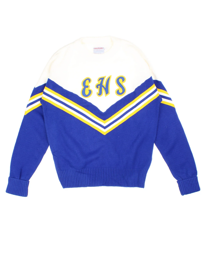 Vintage College Knitted Jumper in a blue and white colourway with embroidered lettering on front.