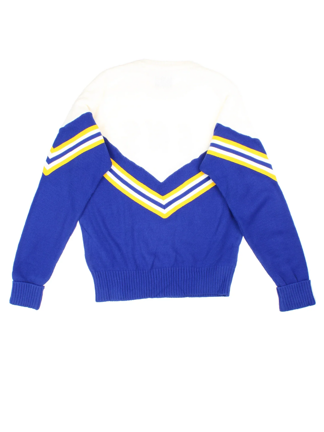 Vintage College Knitted Jumper in a blue and white colourway with embroidered lettering on front.