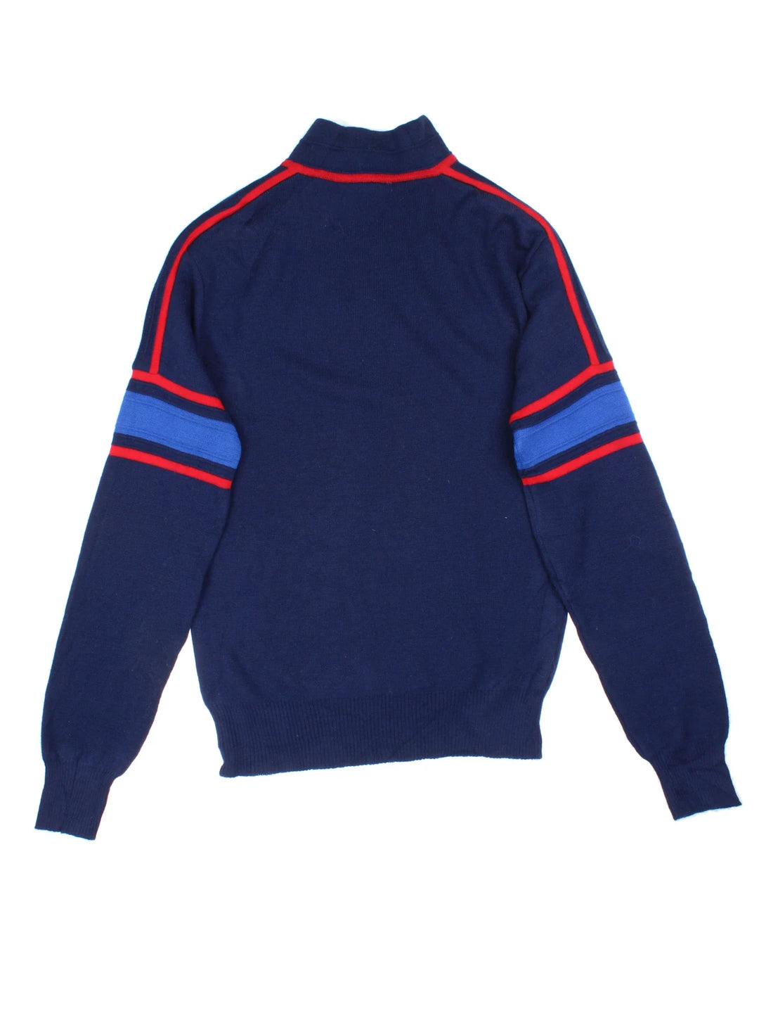 Vintage 1/4 Zip Jumper in a blue colourway with stripe detailing on the sleeves and shoulders.