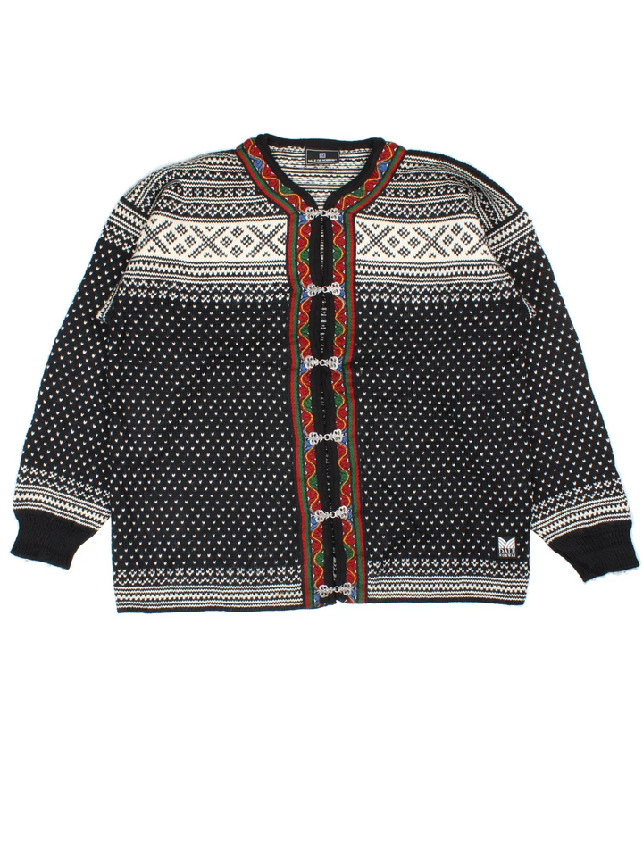 Vintage Dale Of Norway Cardigan in a black colourway with embroidered patterns all over.