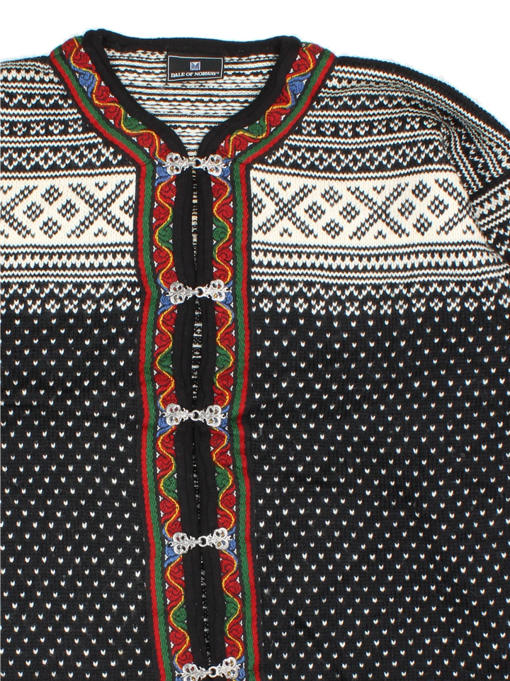 Vintage Dale Of Norway Cardigan in a black colourway with embroidered patterns all over.