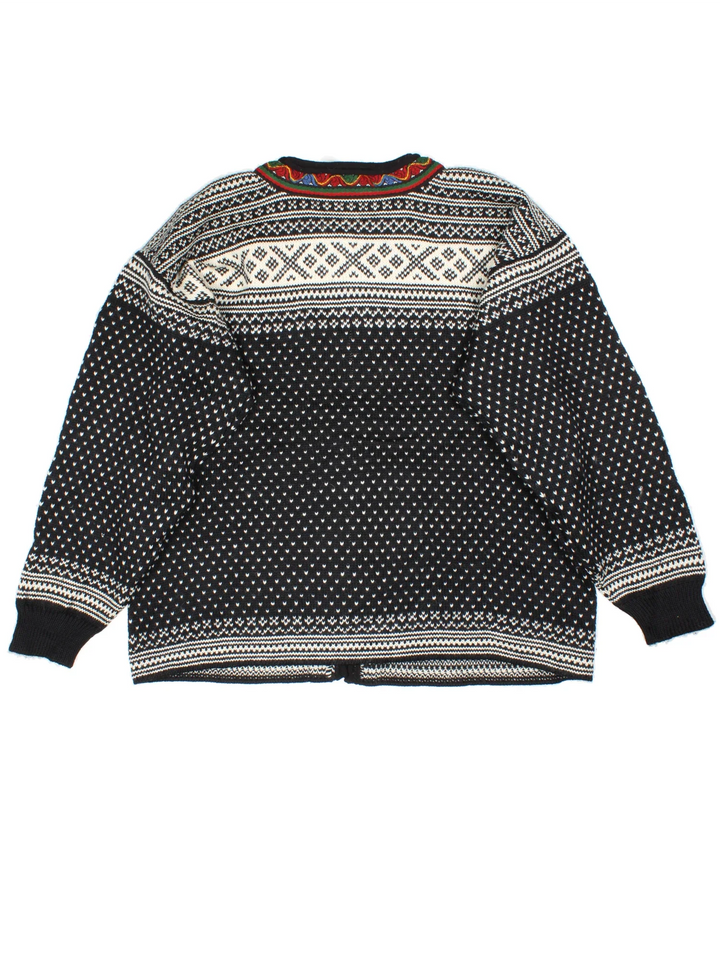 Vintage Dale Of Norway Cardigan in a black colourway with embroidered patterns all over.