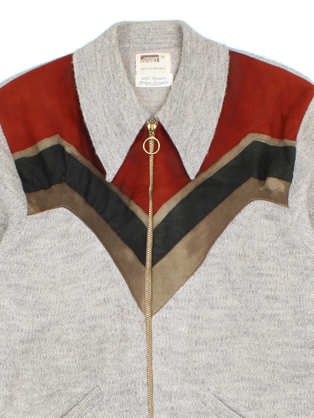Vintage 70's Montgomery Ward Jumper in a grey colourway with suede panelling, zip up closure and has a dagger collar.
