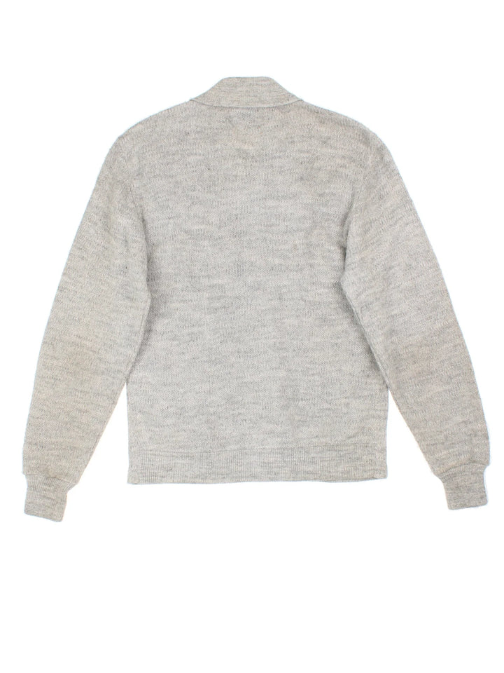 Vintage 70's Montgomery Ward Jumper in a grey colourway with suede panelling, zip up closure and has a dagger collar.