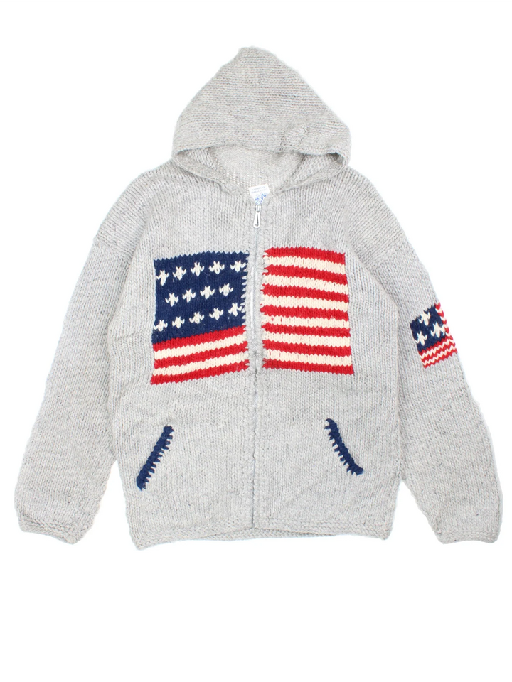 Vintage USA Knitted Hoodie in a grey colourway with the USA flag on the front, back and sleeves.