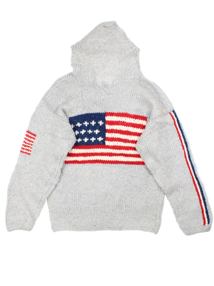 Vintage USA Knitted Hoodie in a grey colourway with the USA flag on the front, back and sleeves.