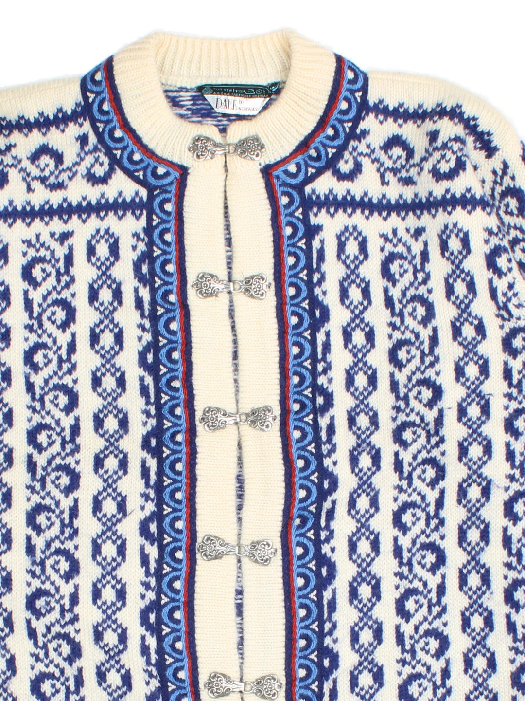 Vintage Dale Of Norway Cardigan in a tan and blue colourway with clasp closure and patterns all over.