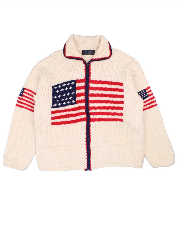 Vintage USA Cardigan in a tan colourway with zip up closure and the flag on the front, back and sleeves.