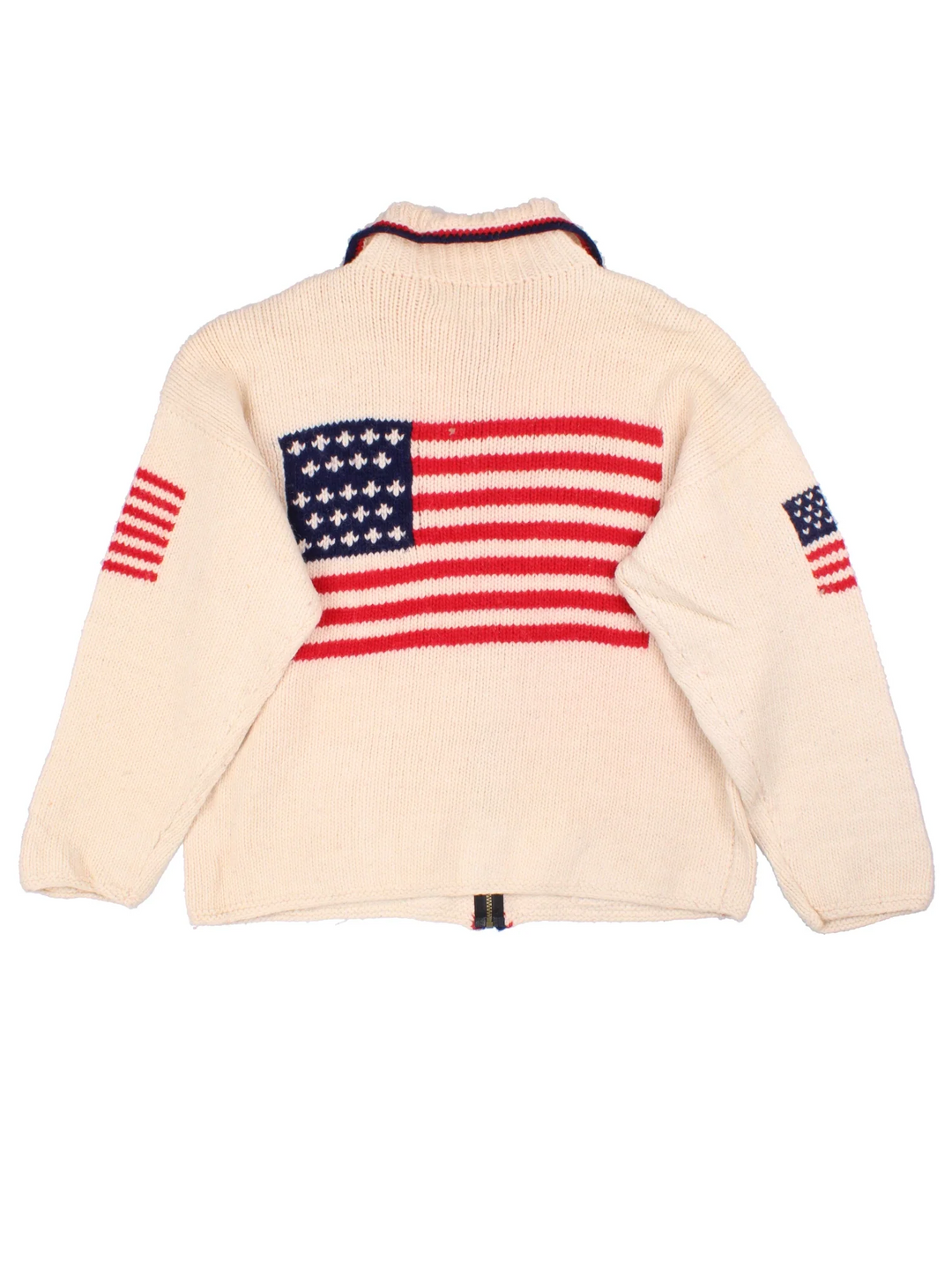 Vintage USA Cardigan in a tan colourway with zip up closure and the flag on the front, back and sleeves.