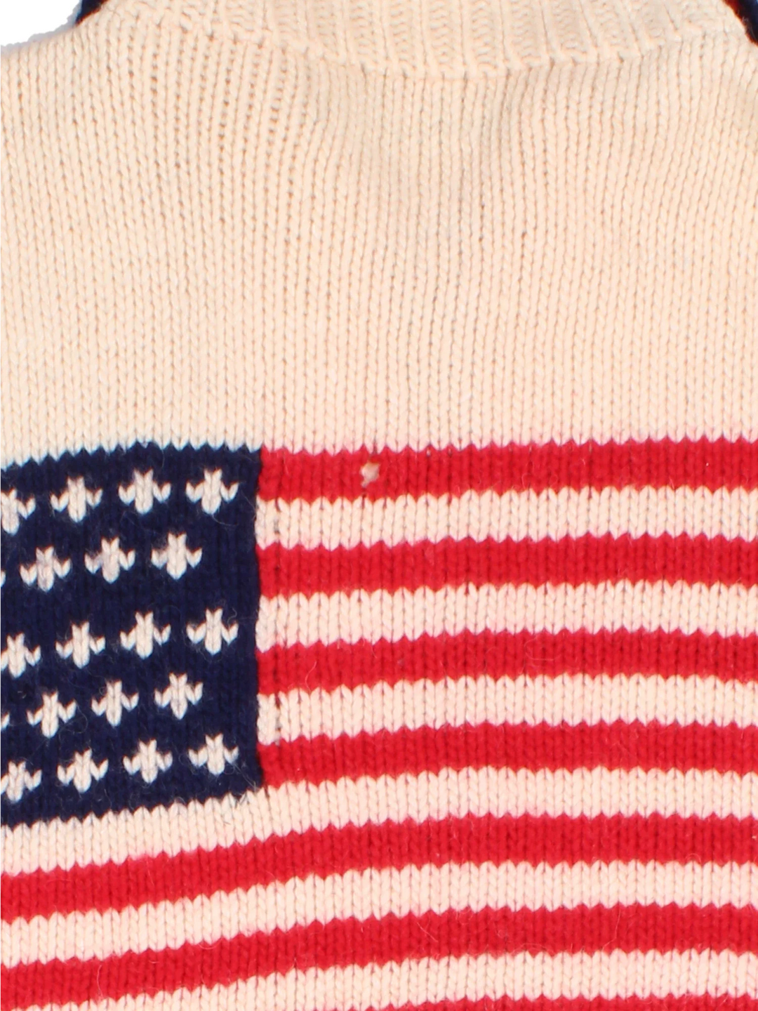 Vintage USA Cardigan in a tan colourway with zip up closure and the flag on the front, back and sleeves.