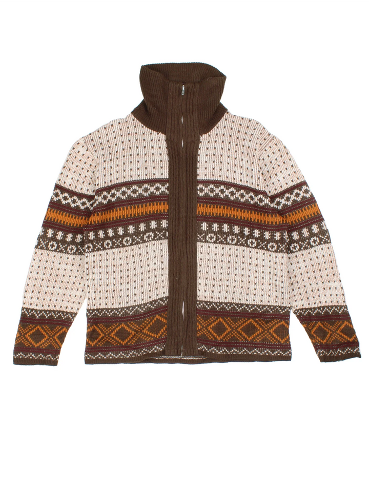 Vintage 70's Montogomery Ward Patterned Cardigan in a brown colourway with zip up closure and all over patterns.