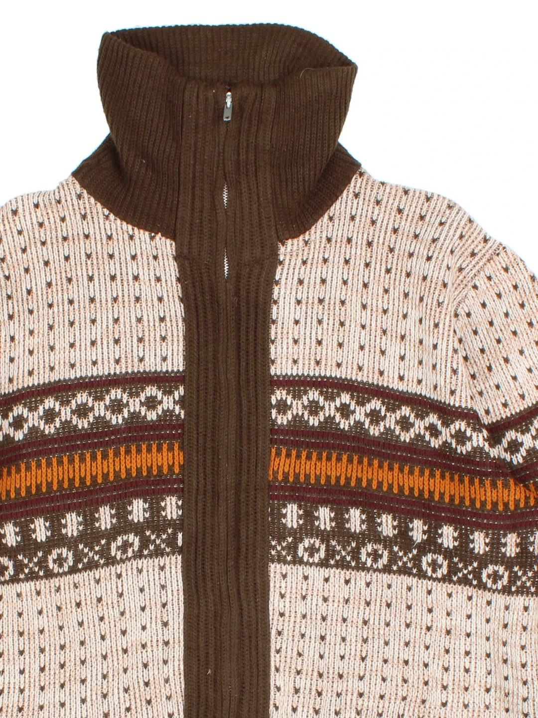 Vintage 70's Montogomery Ward Patterned Cardigan in a brown colourway with zip up closure and all over patterns.
