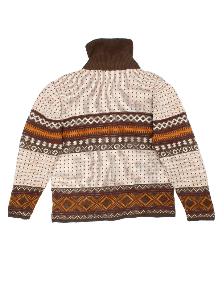 Vintage 70's Montogomery Ward Patterned Cardigan in a brown colourway with zip up closure and all over patterns.