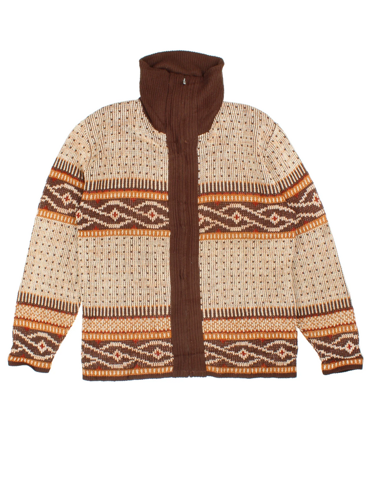 Vintage 70's Montogomery Ward Patterned Cardigan in a brown colourway with zip up closure and all over patterns.