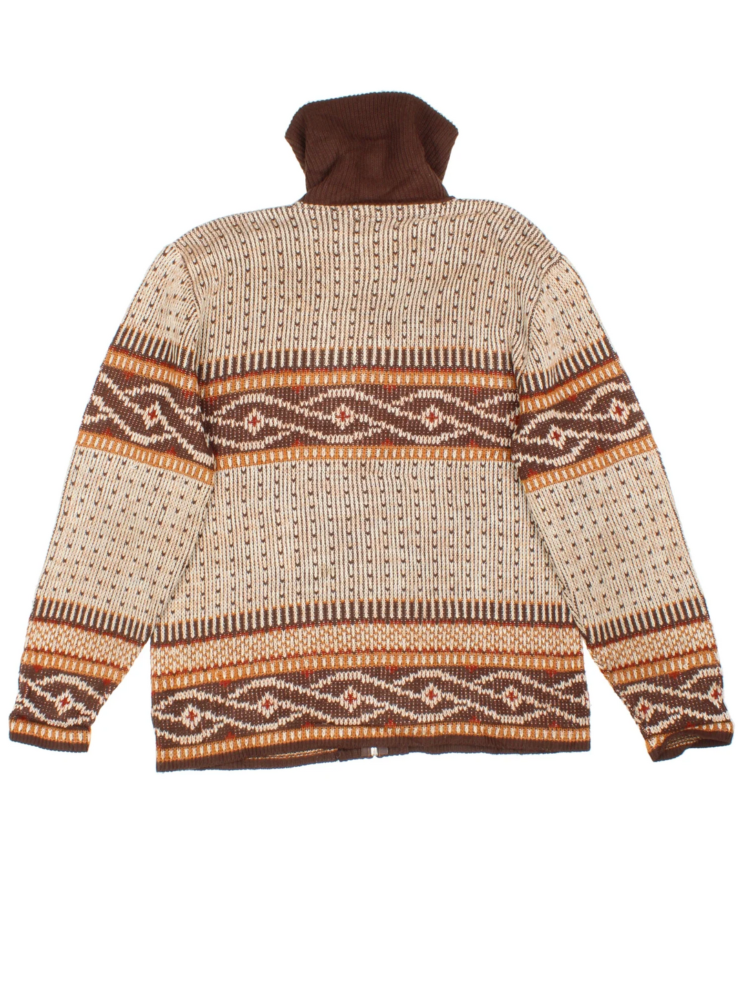 Vintage 70's Montogomery Ward Patterned Cardigan in a brown colourway with zip up closure and all over patterns.