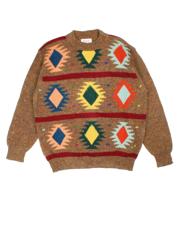 Vintage United Colors Of Benetton Knit Jumper in a brown colourway with diamond patterns on the front.