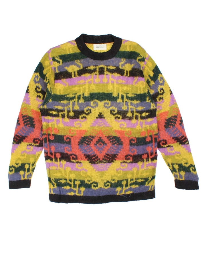 Vintage United Colors Of Benetton Jumper in a yellow / multicoloured colourway patterns all over.