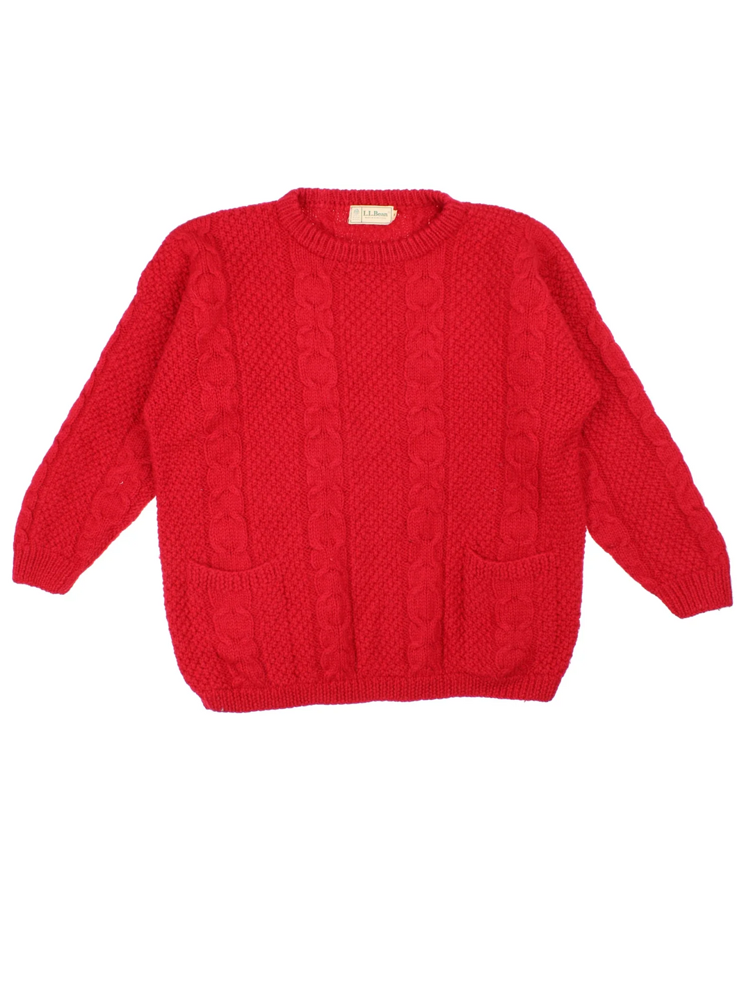 L.L Bean Cable Knit Jumper in a red colourway with crew neck and front patch pockets.