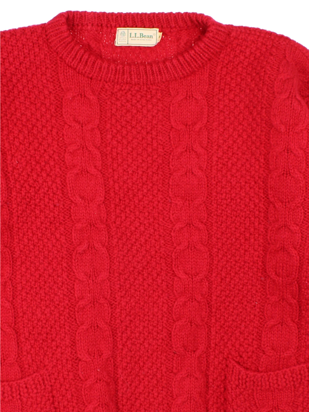 L.L Bean Cable Knit Jumper in a red colourway with crew neck and front patch pockets.