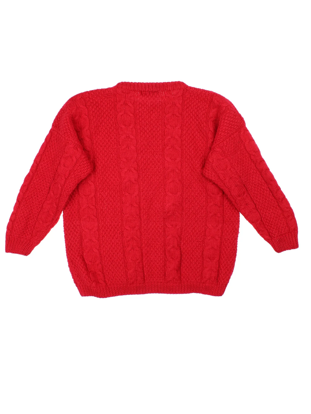 L.L Bean Cable Knit Jumper in a red colourway with crew neck and front patch pockets.