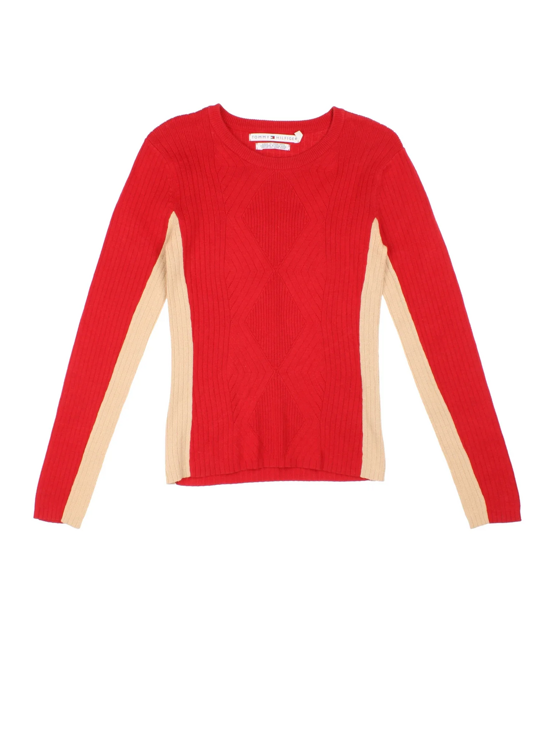 Tommy Hilfiger Cable Rib Knit Jumper in a red colourway with V neck and contrast panel detailing.