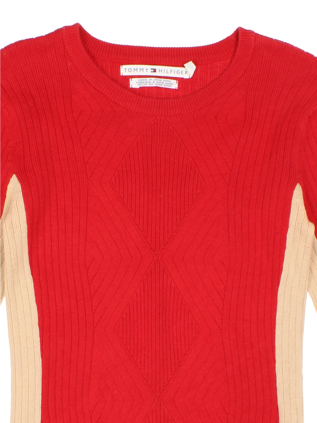 Tommy Hilfiger Cable Rib Knit Jumper in a red colourway with V neck and contrast panel detailing.