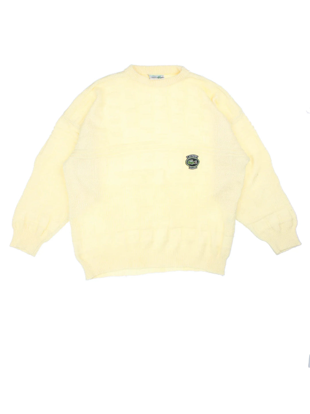 80's Lacoste Jumper in a yellow colourway with crew neck and embroidered branding on the front.
