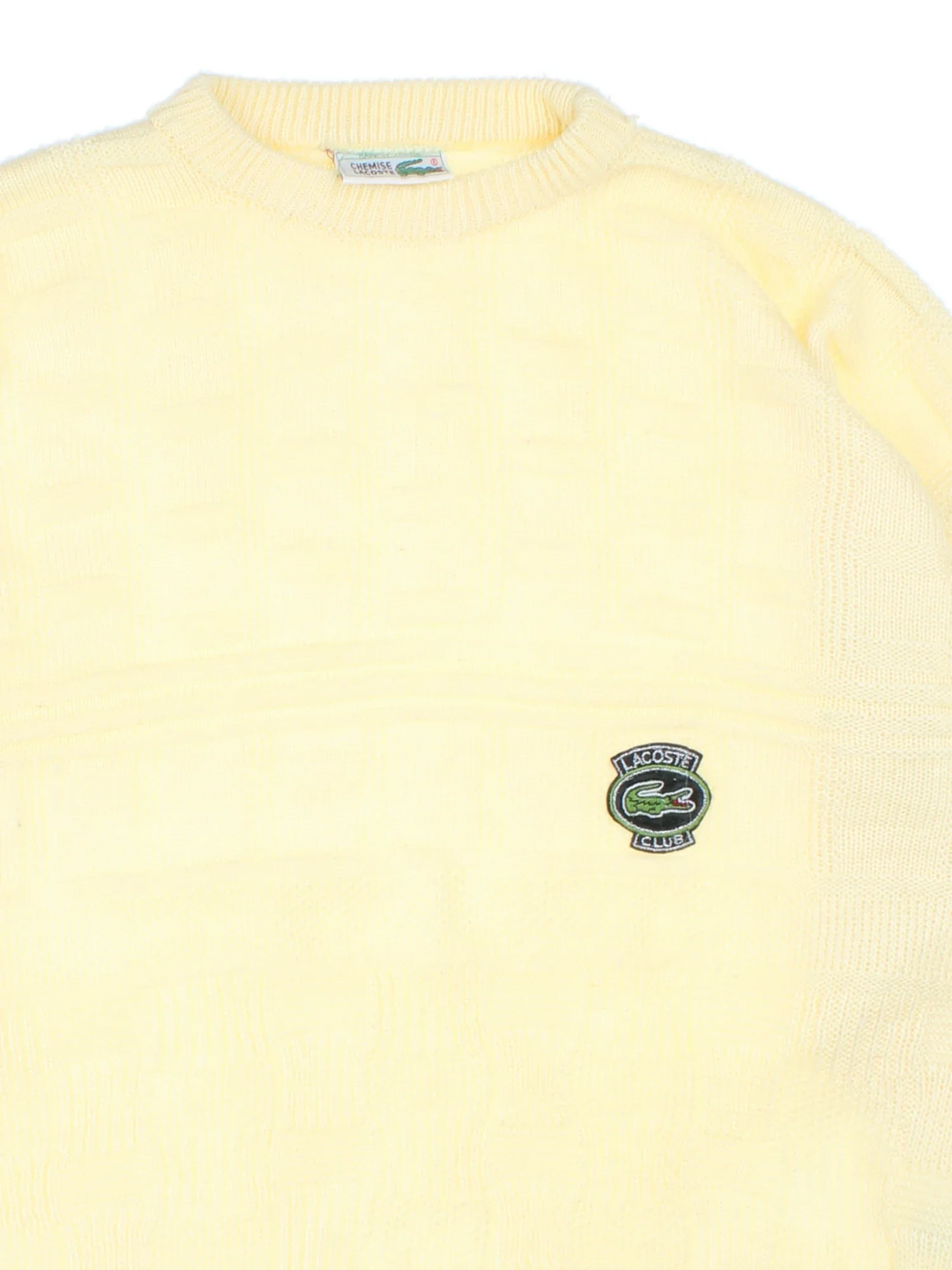 80's Lacoste Jumper in a yellow colourway with crew neck and embroidered branding on the front.
